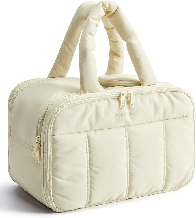 BAGSMART Travel Toiletry Bag, Puffy Large Toiletry Bag for Women, Lightweight Cosmetic Makeup Bag Organizer with Handle for Traveling, Accessories, Essentials, Toiletries （Beige
