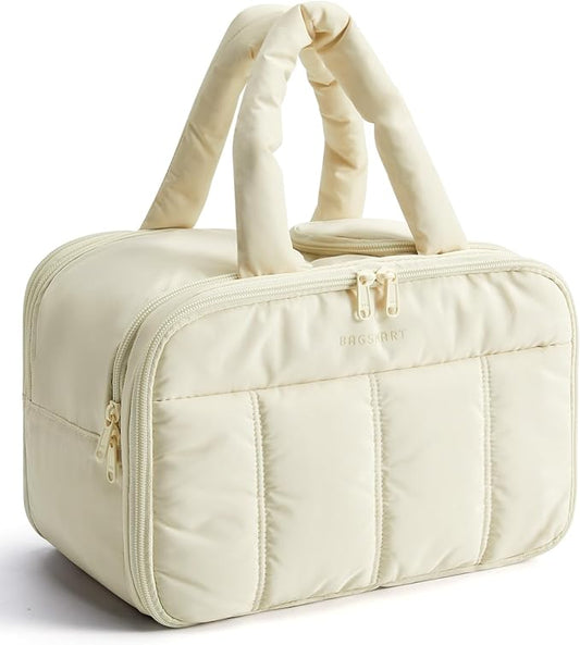 BAGSMART Travel Toiletry Bag, Puffy Large Toiletry Bag for Women, Lightweight Cosmetic Makeup Bag Organizer with Handle for Traveling, Accessories, Essentials, Toiletries （Beige