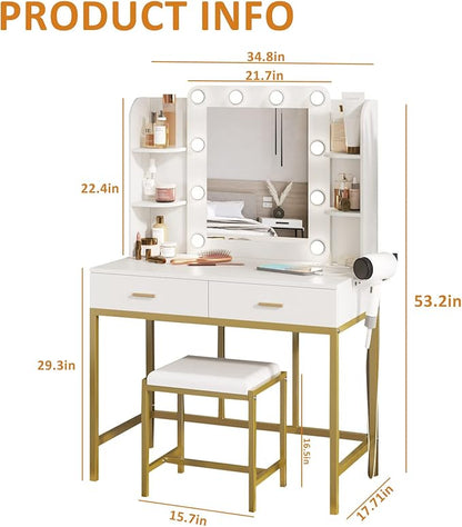Vabches Vanity Desk with Mirror and Lights, with Charging Station,Makeup Vanity Table Set with Lighted Mirror, with 3 Lighting Modes and 2 Drawers&Cushioned Stool for Bedroom