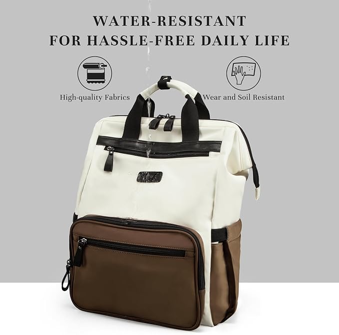 Timeet Laptop Backpack for Women Men, 15.6 Inch Travel Backpack with USB Charging Port, Water Resistant & Anti-theft for Work College Business, Multifunctional Carry on Backpack, White-brown