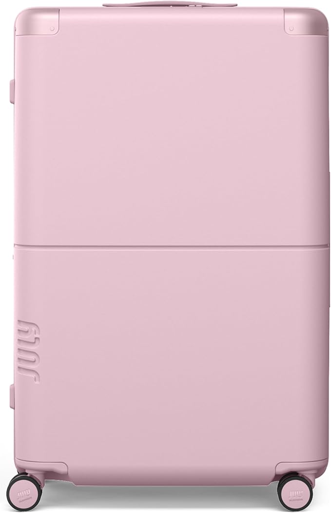 Checked Plus Expandable - 28.75" Airline Approved Check In Luggage with Wheels, Rolling Suitcase for Men & Women - TSA Lock, Silent Spinner Wheels, Expansion Zip, Y-Strap - Blush Pink