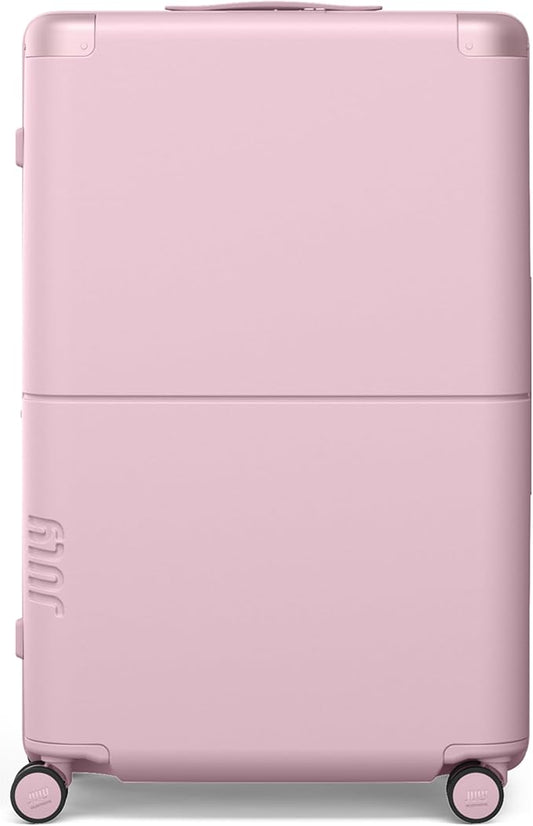 Checked Plus Expandable - 28.75" Airline Approved Check In Luggage with Wheels, Rolling Suitcase for Men & Women - TSA Lock, Silent Spinner Wheels, Expansion Zip, Y-Strap - Blush Pink