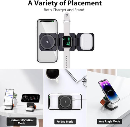 KU XIU Fast Wireless Charger, Magnetic Foldable 3 in 1 Charging Station for iPhone 17/16/15/14/13/12/Pro/Plus/Pro Max, 5W Portable Charger for Apple Watch10/9/8/7/6/5/4/3/SE, for Airpods3/2/Pro-Black