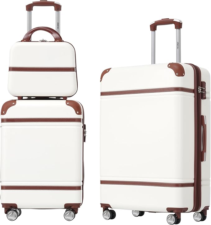 Merax Luggage Set, 2 Piece Luggage with Cosmetic Case, Vintage Hardcase Suitcase with Wheels, Expandable Luggage Airline Approved(White,20"+24")