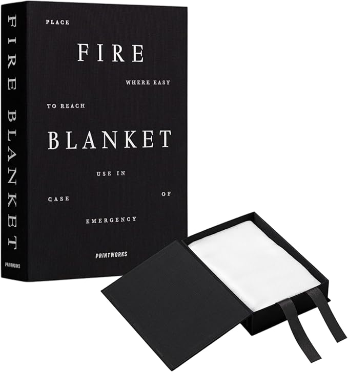 PrintWorks Black Fire Blanket for Home – Emergency Safety Cover in Stylish Discreet Book-Style Storage Box