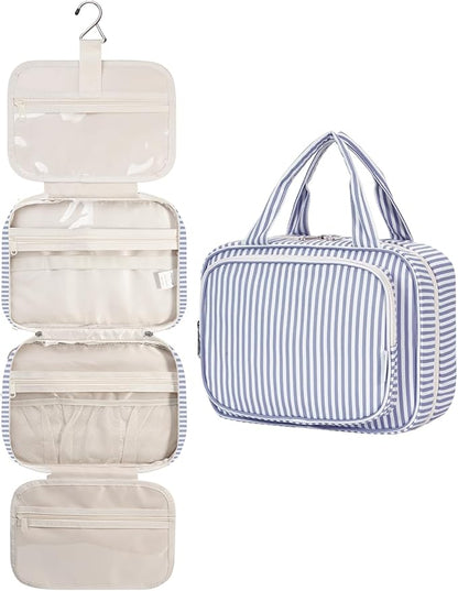 Narwey Striped Hanging Toiletry Bag for Women Travel Makeup Bag Organizer Toiletries Bag for Travel Size Essentials Accessories Cosmetics (Greyish Blue Stripe (Medium))