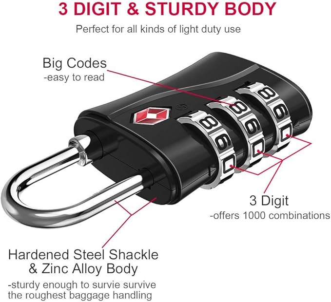 ZHEGE TSA Luggage Lock for Train 4 Pack, 1 Cable (30 Inch), Travel Lock for Backpack, Suitcase, School Gym Locker (Black, 4 Pack)