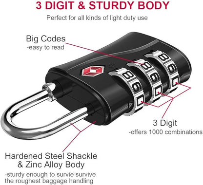 ZHEGE TSA Luggage Lock for Train 4 Pack, 1 Cable (30 Inch), Travel Lock for Backpack, Suitcase, School Gym Locker (Black, 4 Pack)