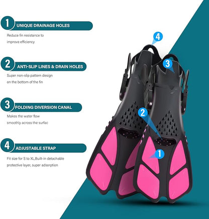 Kids Snorkeling Set Children Mask Fin Snorkel Set Snorkeling Gear Snorkel Mask + Adjustable Swimming Kids Flippers+ Dry Snorkel Tube + Travel Bags
