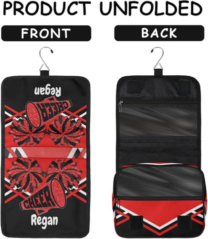 Personalized Name Hanging Toiletry Bag, Cheerleading Large Travel Cosmetic Bag Portable Makeup Organizer Bag for Women Men Bathroom Shower Essentials, Red Black Design