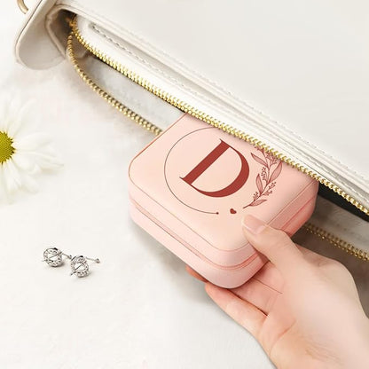 SANDJEST Personalized Jewelry Box, Pink Small Travel Jewelry Box with Initial D, Monogrammed Jewelry Case Organizer for Girls Women Teen, Mini Travel Essentials Gifts for Christmas Birthday