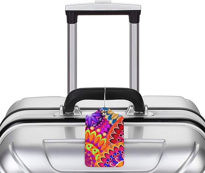 Colorful Mandala Style Luggage Tags Bright Red Bag Tag with Full Back Privacy Cover Name ID Card Stainless Steel Loop Suitcase Labels Address Card PU Leather Baggage Tags Luggage for Travel, 2 Pcs