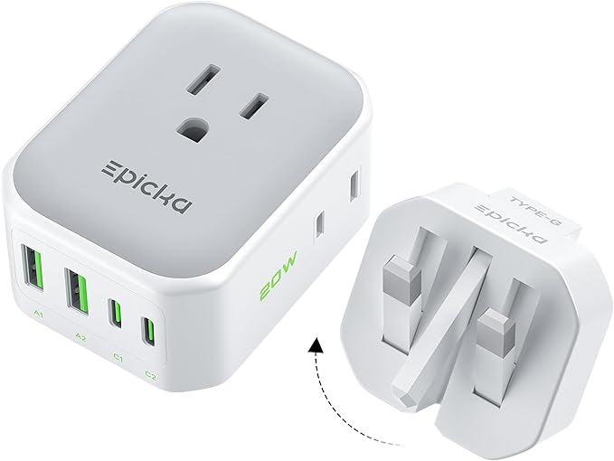 EPICKA Hybrid International Power Adapter for US to England, Foldable & Detachable Type G (UK) VisaPlug, 8-in-1 Travel Plug Adapter with 4 USB Ports (2 USB-C PD 20W), Travel Dormestic Essentials