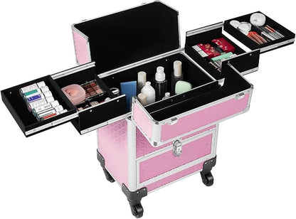 Rolling Makeup Train Case,Multi-functional Cosmetic Trolley with 360° Swivel Wheels Keys,Salon Barber Case Traveling Cart for Nail Technicians Hairstylist (Pink)