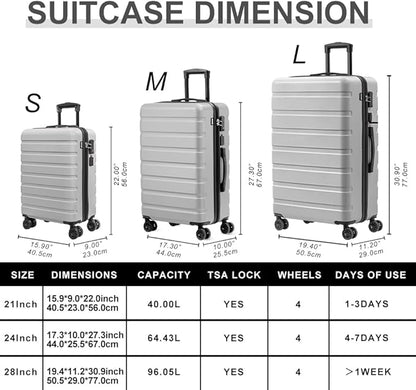AnyZip Suitcase Hardside PC ABS Lightweight USB Luggage with Wheels TSA Lock Checked-Large Luggage 28 Inch Silver