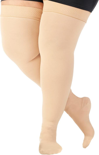 ABSOLUTE SUPPORT Wide Calves Thigh High Compression Socks for Women & Men 20-30mmHg - Unisex Plus Size Opaque Over Knee Stockings for Pregnant, Nursing, Sports, Travel, Flying - Beige, 4X-Large