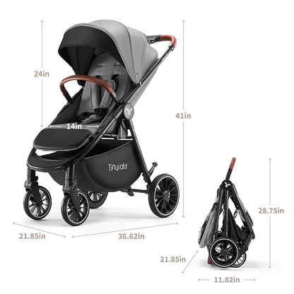 Tinyiota Stroller for Babies,Toddler Strollers with Large UPF 50+ Canopy,Luxury Baby Stroller with Leather Handle & Spacious Seat, One-Hand Foldable Pushchair,Baby Carriage with Lie-Flat Mode(Gray)
