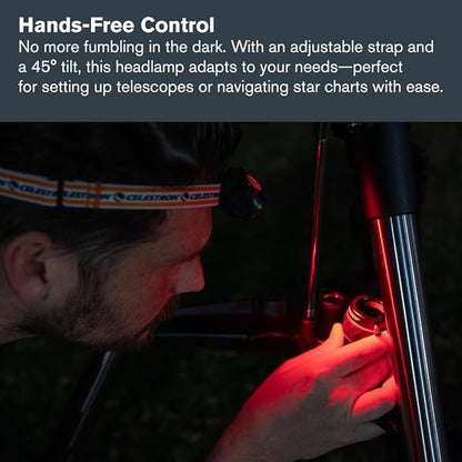 Celestron – Night Vision Headlamp – Multiple Light Modes – Includes SOS Setting – Ideal for Astronomy and Camping – 100 Hours of Usage – 45° Adjustable Angle
