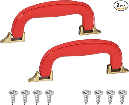 uxcell 2 Pcs PU Leather Luggage Handle, 0.9" Hole Distance Vintage U-Shape Replacement Strap Handle for Travel Handbag Guitar Musical Box Gift Boxes, Red/Bronze