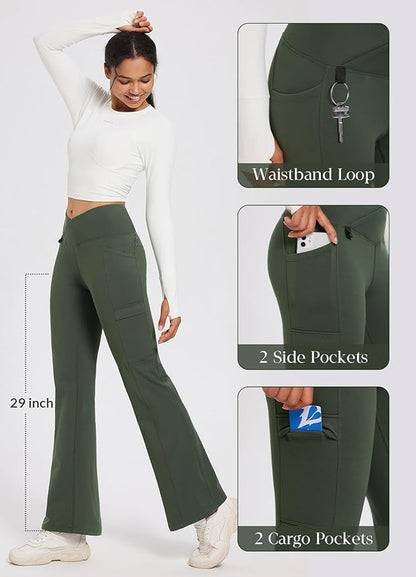 baleaf Women's Fleece Lined Pants Winter Thermal Water Resistant Crossover Flare Leggings Warm Bootcut Hiking Outdoor