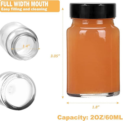 12Pcs 2 oz Small Clear Glass Bottles with Lids,Wide Mouth Shot Bottles with Caps for Ginger Shots, Juice, Potion, Liquids, Whiskey
