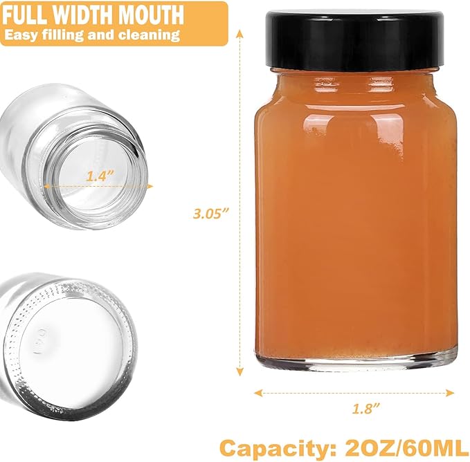2 oz Small Clear Glass Bottles with Lids - 12 Pcs Wide Mouth Shot Bottles with Caps for Ginger Shots, Juice, Potion, Liquids, Whiskey - Mini Travel Bottles with Funnels, Stickers (12PCS-Clear)