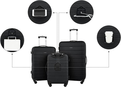 Wrangler Smart Luggage Set with Cup Holder and USB Port, Black, 3 Piece Set