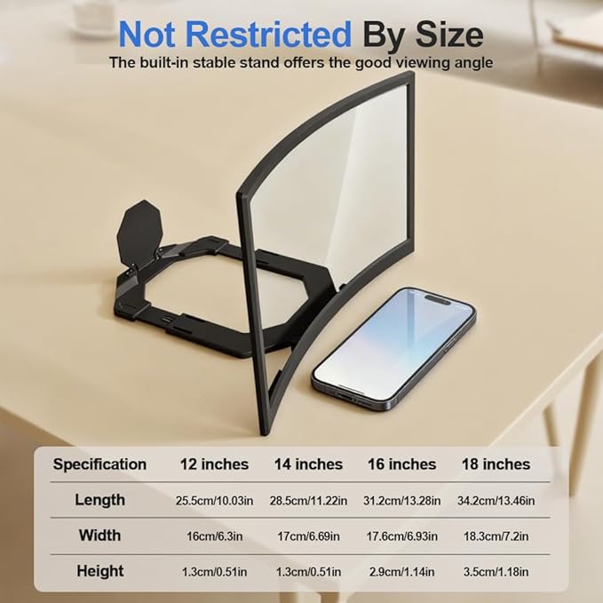 3D Curved Screen Phone Magnifier Projector Screen, 2025 New Lightweight and Foldable Mobile Phones Amplifier for All Smartphones, Portable HD Magnifier for Watching Movies Videos Game (Black 16 Inch)
