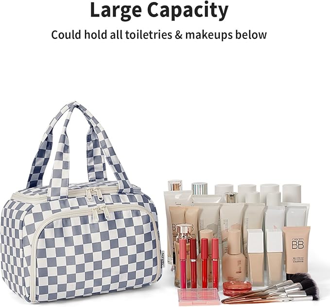 Narwey Large Travel Toiletry Bag, Wide-open Travel Bag for Toiletries, Toiletry Bags for Traveling Women,Cosmetic Make Up Makeup Bag Organizer with Wet Pocket, Skincare Bag (Greyish Blue Checkerboard)