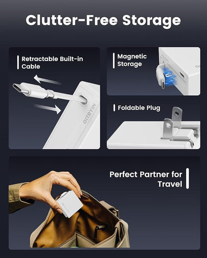 Gitryin 65W USB C Retractable Wall Charger with Built-in Type-C Cable, 2-in-1 Foldable Fast Charger Block, Travel Essentials Compatible for Laptop, MacBook Pro/Air, iPhone 16/15, iPad, Galaxy, Pixel