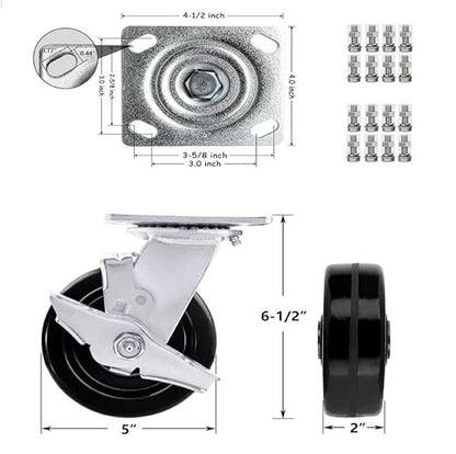 Heavy Duty Casters - Industrial Casters Phenolic Caster with Strong Load-Bearing Capacity 3000-6000 LB,Used in Furniture,WorkBrench,Tool Box, Equipment (5" Rigid+Brake, pcs, 4)