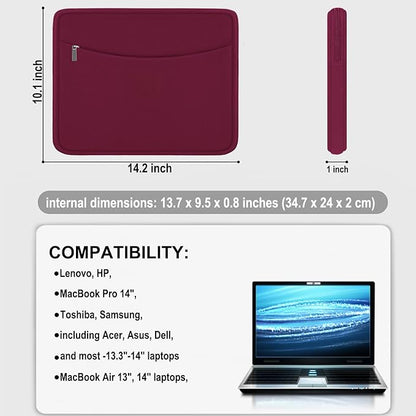 Laptop Sleeve 14 inch, Shockproof Protective Laptop Cover Briefcase Carrying Computer Bag with Accessory Pocket Portable Computer Sleeve for 14" MacBook, HP, Dell, Lenovo, Acer, Wine Red