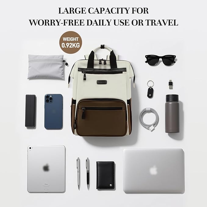 Timeet Laptop Backpack for Women Men, 15.6 Inch Travel Backpack with USB Charging Port, Water Resistant & Anti-theft for Work College Business, Multifunctional Carry on Backpack, White-brown