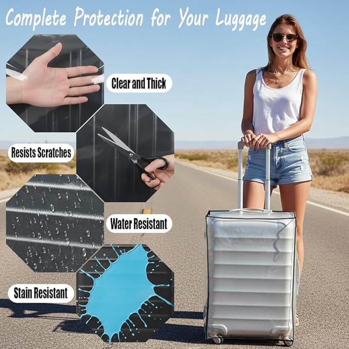 Suitcase Covers for Luggage – TSA Approved Clear PVC Luggage Protector Cover, Thick Transparent Waterproof Sleeve with Large Hook and Loop Closure, Fits 22" Wheeled Suitcases