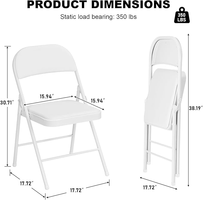 4 Pack White Folding Chairs with Padded Cushion for Outside, Portable Stackable Commercial Metal Foldable Chairs with Steel Frame for Home Events Office Wedding Party, 350lbs Capacity