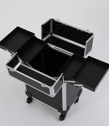 Black Rolling Makeup Case, Professional Cosmetic Box Storage on Wheels, Large Make Up Train Carrying Cases w/4 Organizer Trays, Cosmetic Case Trolley with Locks for Makeup/Nail Art/Hair Styling