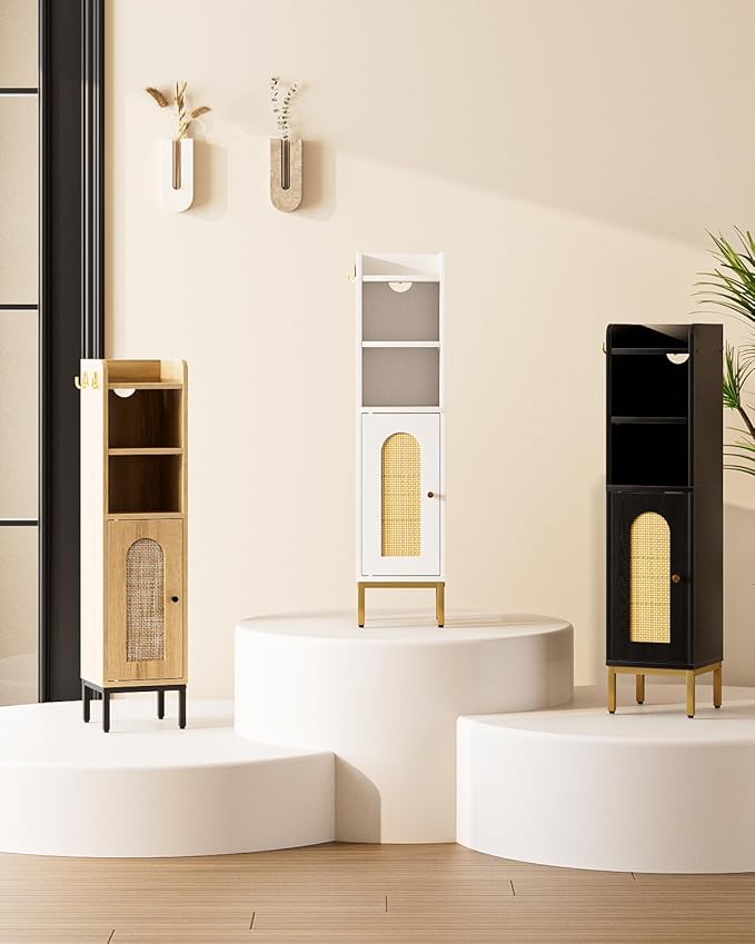 Bathroom Storage Cabinet, Small Corner Floor Hutch with 2Hooks,Narrow Toilet Paper Cabinet with Rattan Door,Bathroom Organizer with Adjustable Shelf, for Small Spaces(Classic-Rattan, Black)