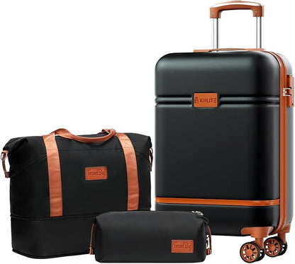 Krute Carry On Luggage Sets 3 Pieces Suitcase Set Hard Shell PC+ABS Airline Approved Suitcases with Spinner Wheels TSA Approved 20 Inch Luggage (BlackBrown)