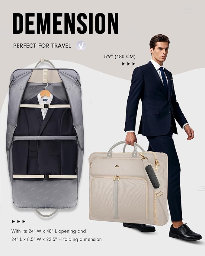 MATEIN Garment Bags for Travel for Women, Large Garment Bags for Hanging Clothes Up to 7 Suits, Business Convertible Travel Suit Carrier with Strap, Foldable Suitcase Luggage Fit 17.3" laptop, Beige