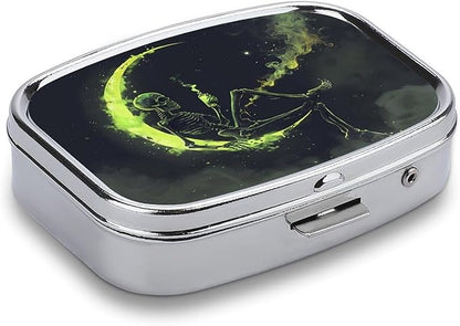 Metal 2 Compartment Pill Organizer Travel Friendly Portable Compact Pill Box Cute Pill Case,for Pocket Wallets Daily Portable Medicine Vitamin Tablet Storage (The Skull on The Moon)
