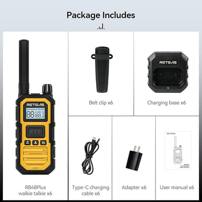 Retevis RB48 Plus Radios Walkie Talkies, IP67 Waterproof Two Way Radio Long Range, Heavy Duty 2 Way Radio, GMRS, Group Call, Vibration Alert, Emergency, for Construction Job Site(6 Pack)