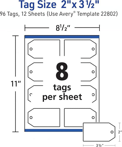 Avery Blank Printable Tags, Sure Feed Technology, 2" x 3.5", White, 96 Customizable Tags, String Included, Great for Branding, Gifts, Merchandising, and More (22802)