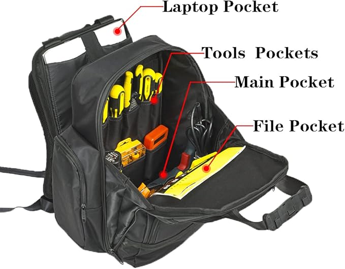 FASITE Tool Bag Backpack - Heavy Duty Professional Storage & Organizer for Contractor, Electrician, Plumber, HVAC, Large Front Flap Fit 13" -17" Laptops Notebook, Black