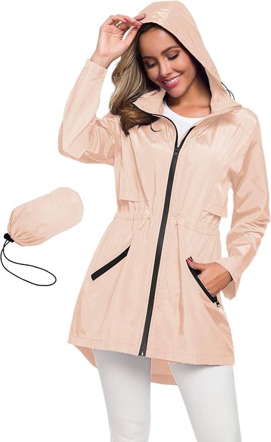 Avoogue Women's Long Raincoat with Hood Outdoor Lightweight Windbreaker Rain Jacket Waterproof