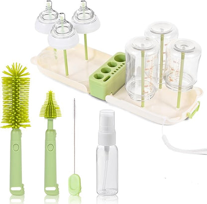 Portable 7-in-1 Baby Bottle Brush Set, Travel Cleaner Kit for Travel and Home, All-in-One Travel Baby Bottle Washing Kit: Integrated Cleaning & Drying System for Bottles and Breast Pump Parts (Green)