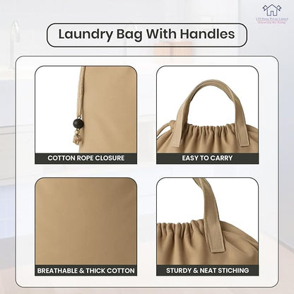 LFH Home Large Premium Cotton Canvas Laundry Bag with Drawstring and Handles Heavy Duty, Multi-Use, and Washable for Home, Travel, College or Storage 28x40 (Pack of 2)-Beige