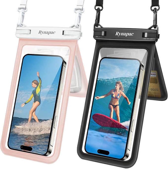 Waterproof Phone Pouch, [Up to 8.5''] Double Space Waterproof Phone Case with Lanyard for iPhone 17 16 15 Pro Max Galaxy S25 Ultra, Cellphone Dry Bag for Beach Vacation, 2 Pack (Black & Light Pink)