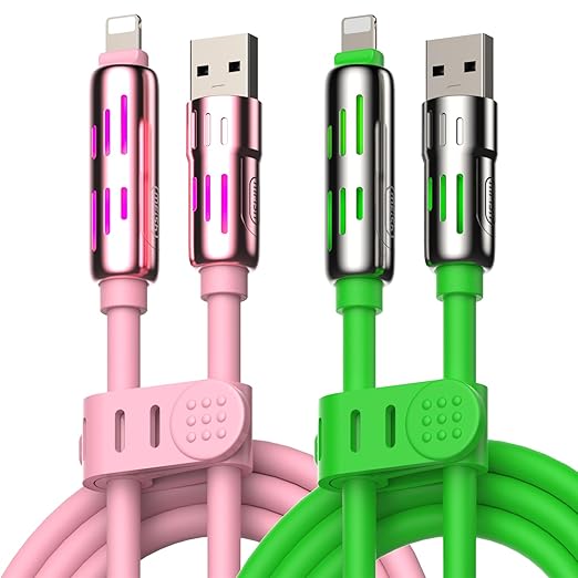 MFish 240W 4-in-1 Universal USB Charging Cable [2 Pack, 6.6ft] – Fast Charger Cord with USB-A, Dual USB-C & Lighting, for iPhone 14/15/16/17 Series, iPad & MacBook & More (2PACK, Pink+Green, 6.6Ft)