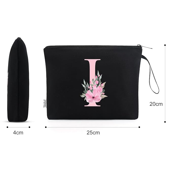 Vavabox A-Z Personalized Makeup Bag, Birthday Gifts for Women Mom, Gifts for Best Friend, Bride Bridesmaid Cosmetic bag (I, Black)