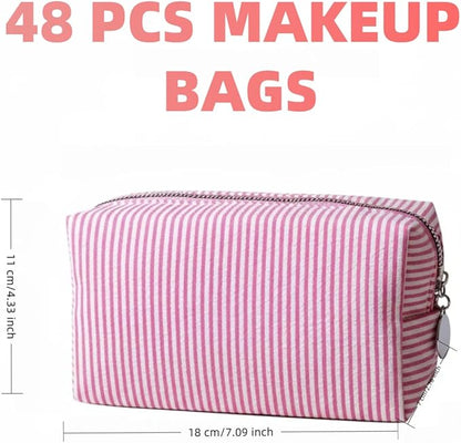 48 PACK Stripe Makeup Bags Bulk-Seersucker Bridesmaid Proposal Gifts Makeup Pouch for Wedding Party Favors Bachelorette Party Decorations Toiletry Organizer Bag Cosmetic Case Gift (Pink Stripe)